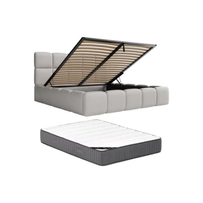 Vente - Unique Boxspringbett OH in Hellgrau, Liegefläche 224x190 cm – mit Bettkasten, Taschenfederkern