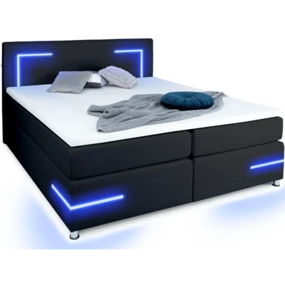 wonello Boxspringbett LIGHTS 2.0 in Schwarz, Liegefläche 160x200 cm – mit Bettkasten, Taschenfederkern